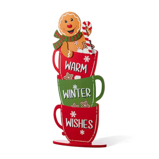 Glitzhome® 34.5" Wooden Christmas Gingerbread Man on Coffee Cup Porch Decor